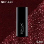 Semilac Lakier Hybrydowy 393 Sparkling Black Cherry 7 ml. – buteleczka na bordowym brokatowym tle, porównanie no flash