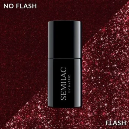 Semilac Lakier Hybrydowy 393 Sparkling Black Cherry 7 ml. – buteleczka na bordowym brokatowym tle, porównanie no flash