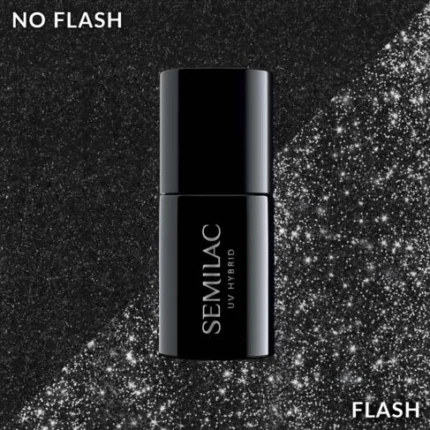 Semilac Lakier Hybrydowy 394 Sparkling Midnight Date 7 ml. – buteleczka na czarnym brokatowym tle, porównanie no flash