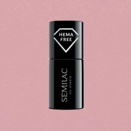 Semilac Lakier Hybrydowy 376 Shimmer Stone Pink Diamond 7 – czarna buteleczka HEMA FREE na różowym brokatowym tle
