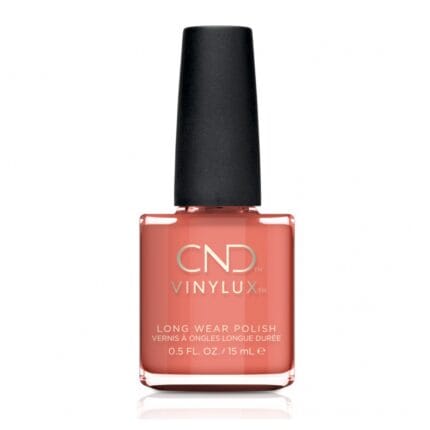 Lakier CND Vinylux SPEAR 285 – łososiowo-koralowa butelka z czarną nakrętką, ujęcie frontu na białym tle