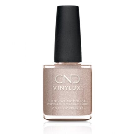 Lakier CND Vinylux Bellini 290 – butelka z czarną nakrętką, perłowy beżowy brokat