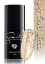 SEMILAC lakier hybrydowy 037 gold disco – czarna buteleczka 7 ml, swatch zloty brokat i etykieta 037 Gold Disco