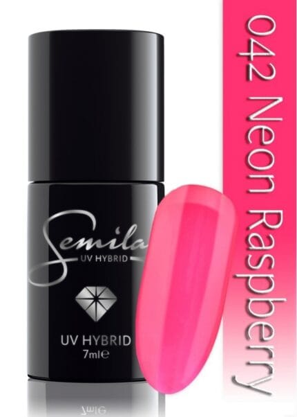 SEMILAC lakier hybrydowy 042 neon raspberry – czarna buteleczka 7 ml, swatch neonowy malinowy roz i etykieta 042 Neon