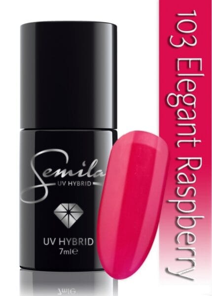 SEMILAC lakier hybrydowy 103 elegant raspberry – czarna buteleczka i swatch intensywnej malinowej rozowej barwy na paznokciu