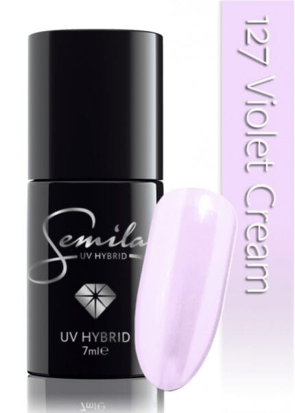 SEMILAC lakier hybrydowy 127 violet cream – czarna buteleczka i swatch pastelowego jasnofioletowego liliowego odcienia