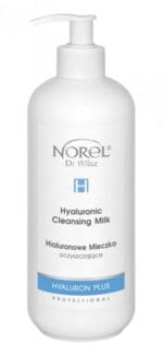 Norel dr Wilsz Hyaluron Plus Hialuronowe mleczko oczyszczające 500 – biała butelka z pompką, napis Hyaluronic Cleansing Milk