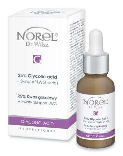 Norel dr Wilsz Glycolic Acid 25% Kwas glikolowy + – biały karton i brązowy flakon z pipetą, fioletowy pasek Glycolic Acid