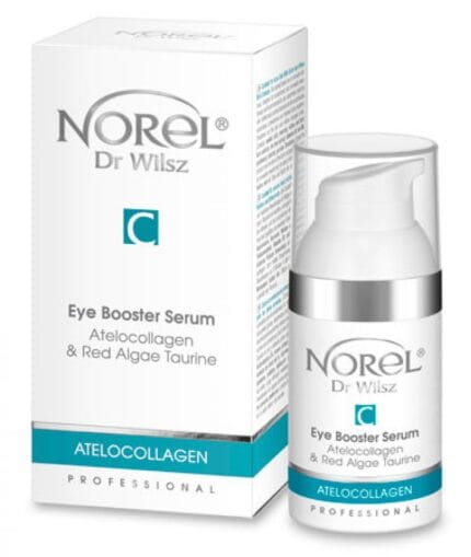 Norel dr Wilsz Atelocollagen Eye Booster Serum 30 ml – biały karton z literą C i srebrny flakon z pompką obok