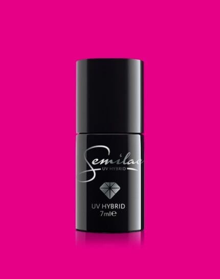 SEMILAC Lakier hybrydowy 517 SemiBeats by Margaret Neon Pink – czarna buteleczka 7 ml na neonowo-różowym tle