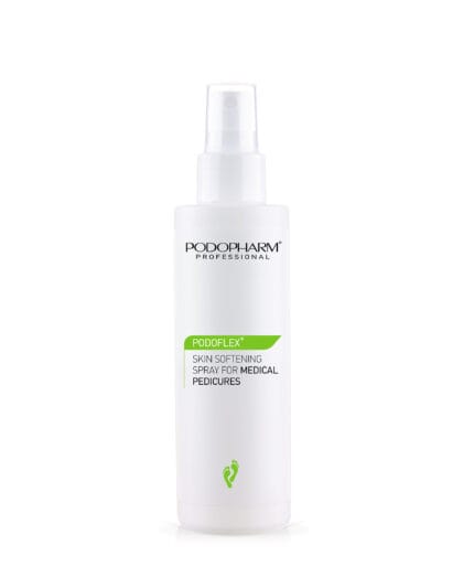 Podopharm spray zmiękczający do pedicure medycznego 200 ml – biała butelka z atomizerem, zielony opis