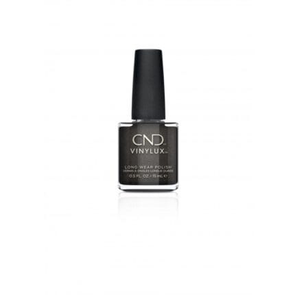 Lakier CND Vinylux Powerful Hematite #334 – grafitowo-czarna metaliczna butelka z czarną nakrętką na białym tle