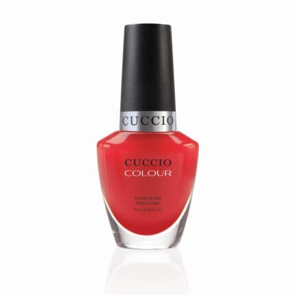 CUCCIO 6404 lakier tradycyjny 13 ml – buteleczka z czarną nakrętką, intensywna czerwień na białym tle
