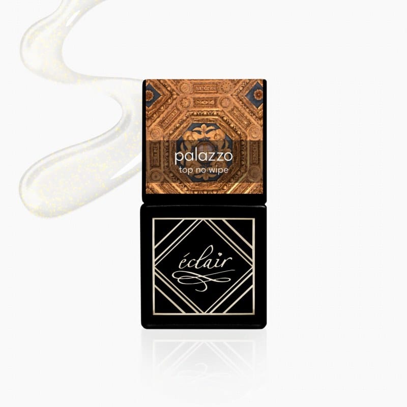 Eclair PALAZZO Top No Wipe top hybrydowy ze złotymi drobinkami 7 ml Eclair PALAZZO Top No Wipe top hybrydowy ze złotymi drobinkami 7 ml
